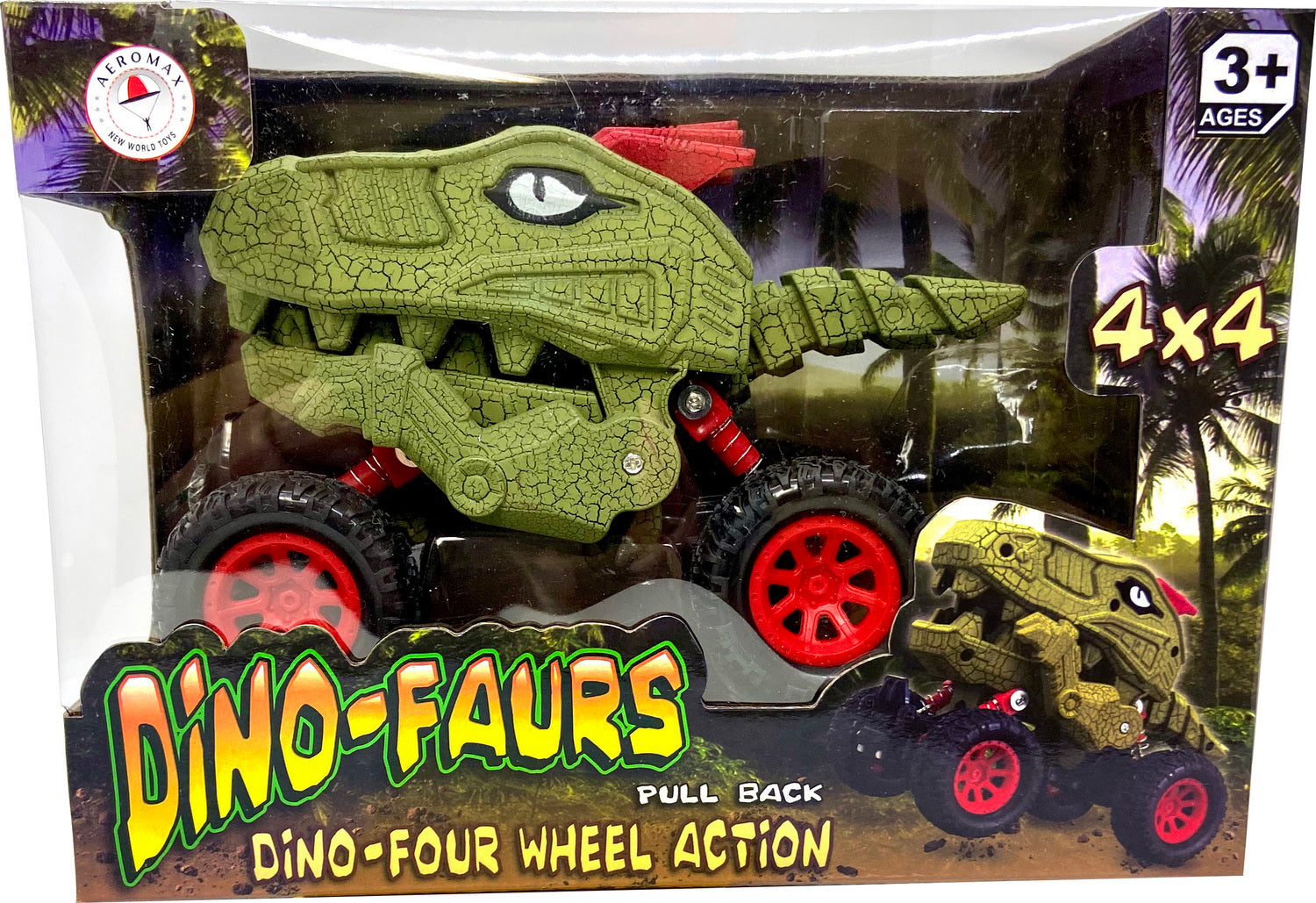 Pull Back 4 Wheel Dinosaur Truck in Window Gift Box, Green 